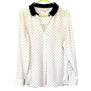 LC Lauren Conrad Women's Sz Large Button Down White w/ Black Polka Dots Blouse